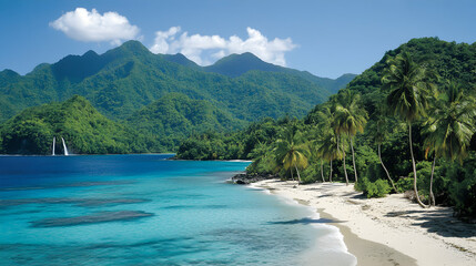 Fototapeta premium Tropical Paradise, Lush Mountains Meet Pristine Beach and Azure Waters