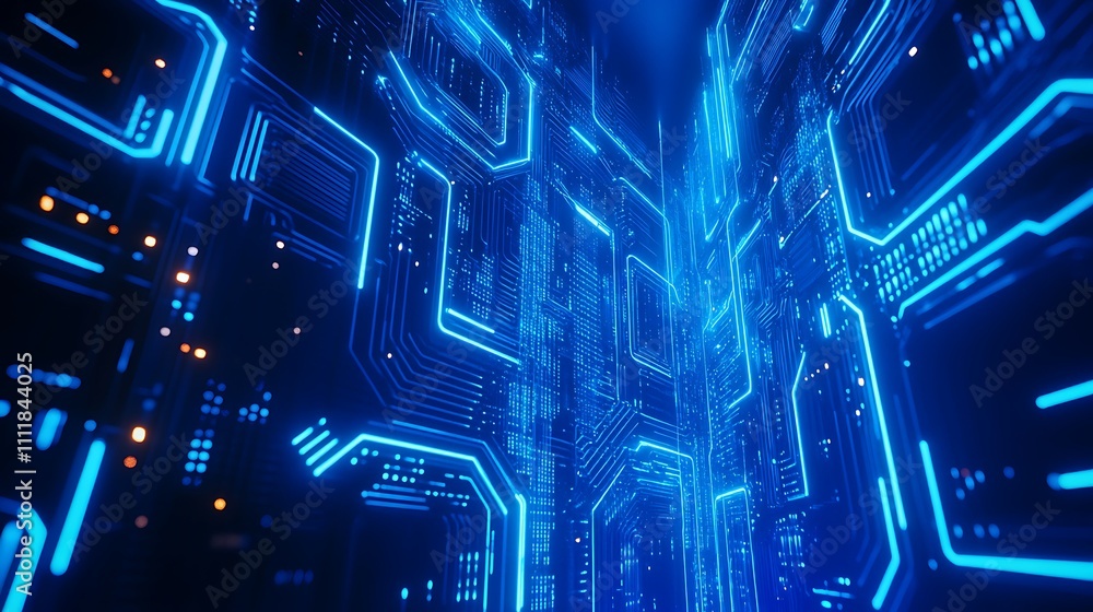 Poster futuristic digital wall with glowing circuit patterns and neon blue lights in a high-tech environmen