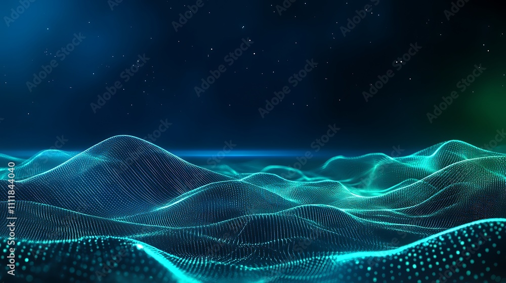 Poster futuristic digital waves with particle effect in dark blue space and starry sky background