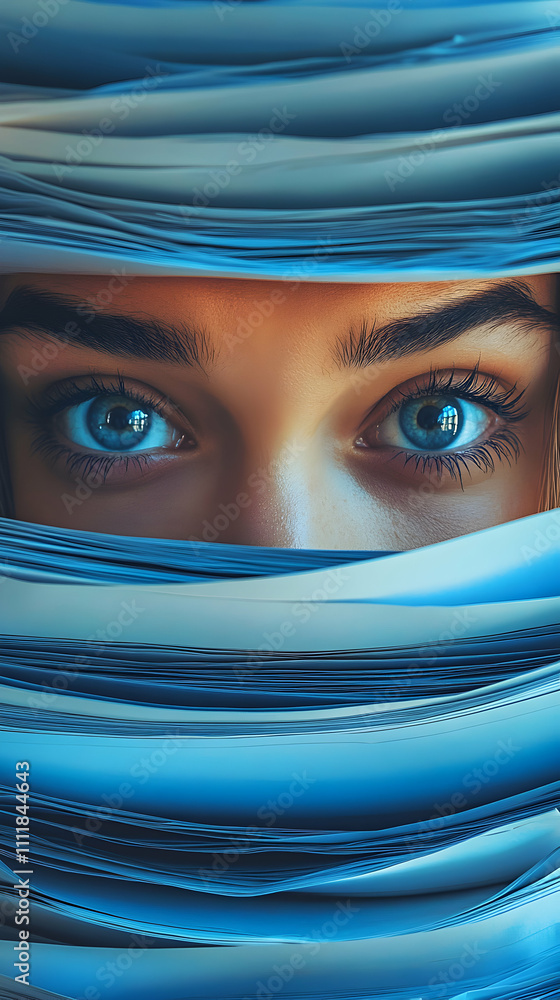 Poster mysterious gaze, woman's eyes peer through a stack of blue papers, creating an abstract portrait wit