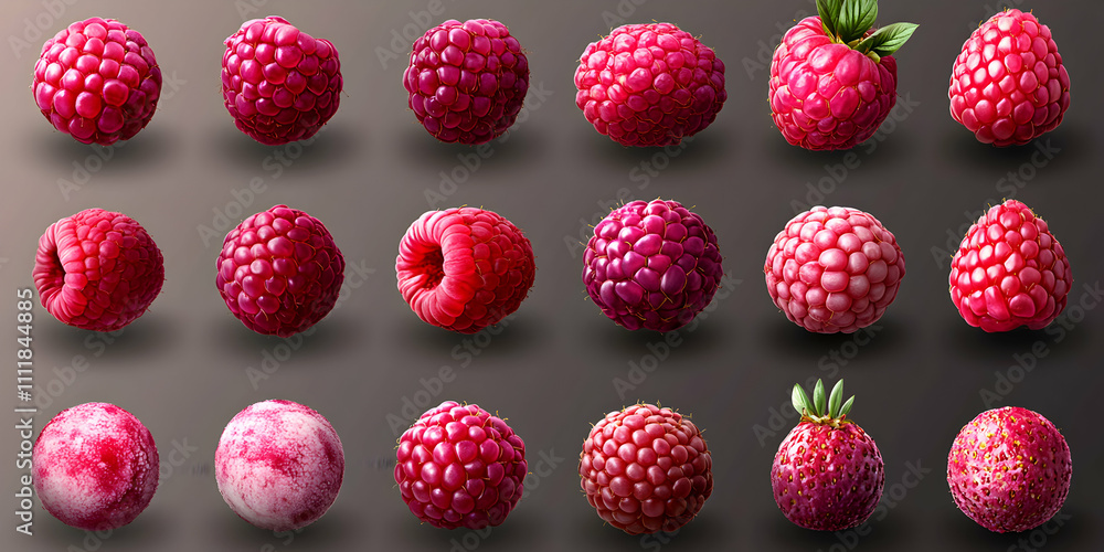 Poster Vibrant Raspberry Collection, A Delightful Array of Juicy, Ripe Berries in Various Poses, Showing Detail and Texture.