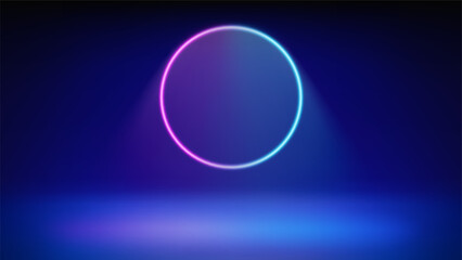 Futuristic stage blue background. Room illuminated by circular pink blue neon, modern led halo spotlight. Backdrop for displaying products, presentation, advertising. Showcase. Vector illustration