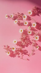 Fototapeta premium Chamomile flowers in crescent shape on pale pink background