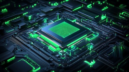 Fototapeta premium Futuristic Microprocessor Chip with Neon Green Lights and Complex Circuit Board Design in Dark Environment