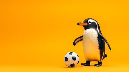 Fototapeta premium A cartoon penguin stands next to a soccer ball.
