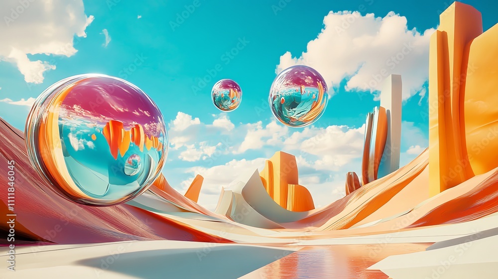 Poster abstract, futuristic landscape with large reflective orbs floating in the sky.