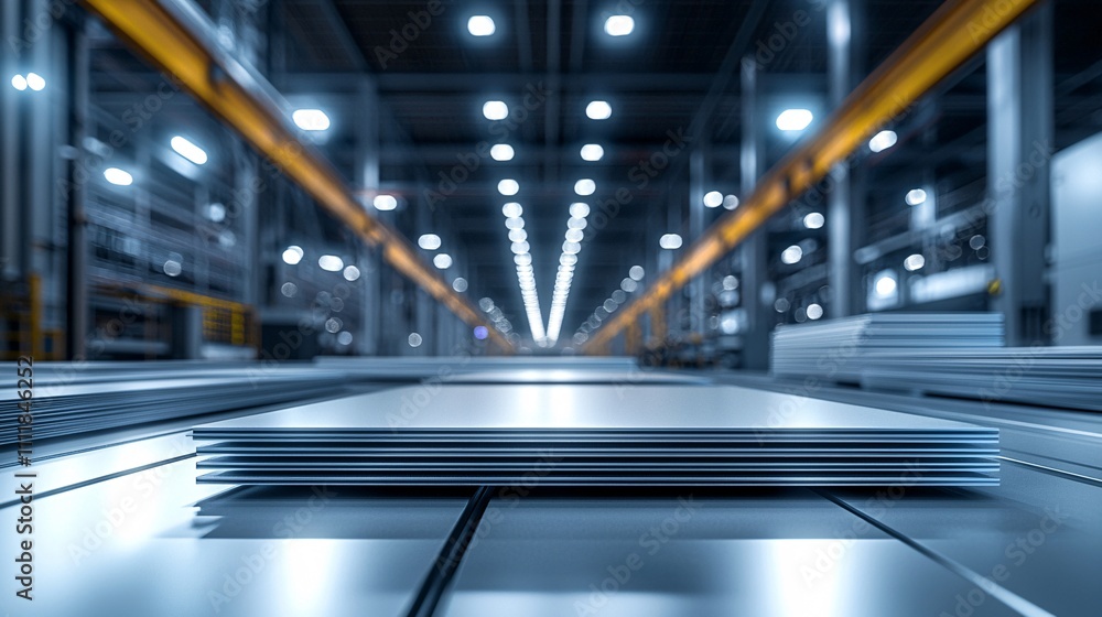 Poster steel sheets on a conveyor belt in an automated factory, representing high-tech manufacturing and pr