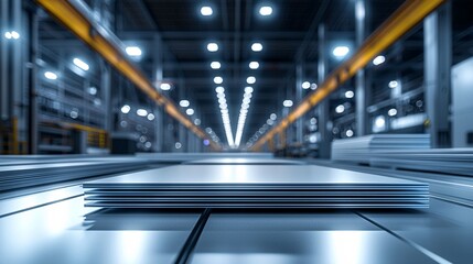 Obraz premium Steel sheets on a conveyor belt in an automated factory, representing high-tech manufacturing and precision engineering