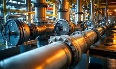 Complex network of large metallic pipes and machinery within a dimly lit underground industrial water treatment facility backdrop, Generative Ai