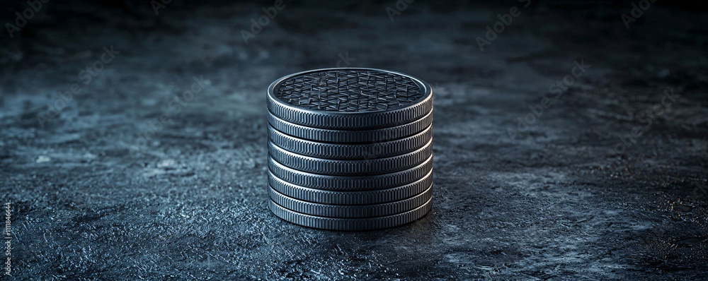 Poster a stack of silver coins with intricate patterns, emphasizing durability and conductivity for financi