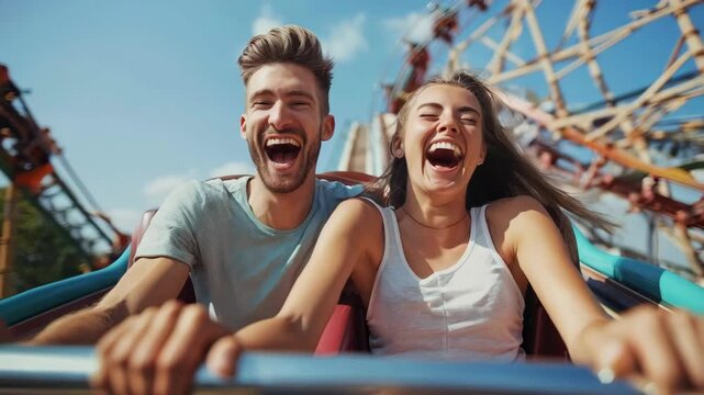 happy couple having fun and riding a roller coaster