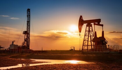 Fototapeta premium An oil drilling derrick pumps crude oil from the ground, supporting the petroleum industry and fuel production from natural resources.