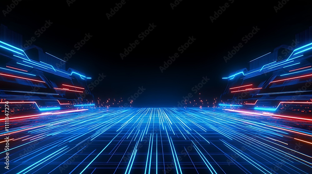 Poster futuristic neon lines in digital landscape with glowing grids and abstract light trails for technolo