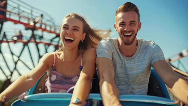 happy couple having fun and riding a roller coaster