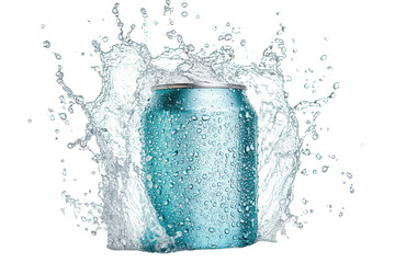 Aqua-colored can with water splash isolated. PNG transparent.