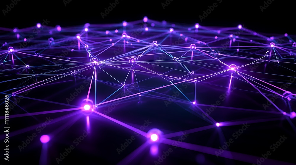 Aufkleber futuristic network design with glowing nodes and connective lines in purple and black background
