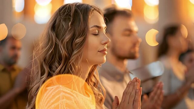 A group of people, including a woman with closed eyes, are engaged in a moment of prayer or meditation.
