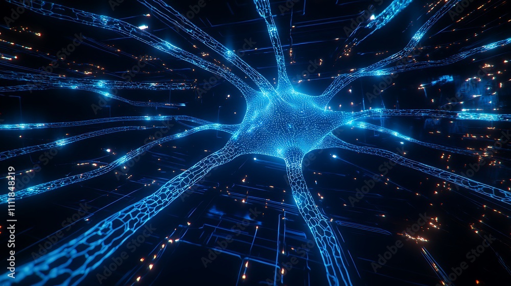 Poster futuristic neural network visualization with glowing connections and blue light effects in a digital