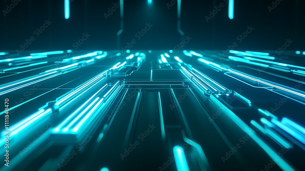 Poster futuristic technology background with neon blue lines and digital circuit patterns for creative proj