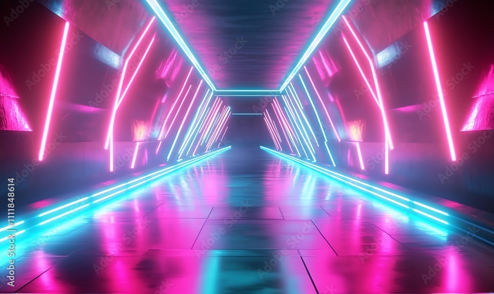 Poster a futuristic neon tunnel with glowing pink and blue lights, creating a vibrant and otherworldly scen