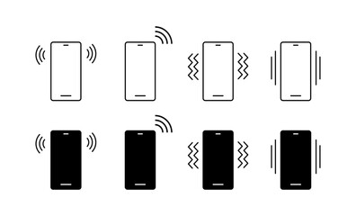 Phone vibration set icons. Silhouette and linear style. Vector icons.