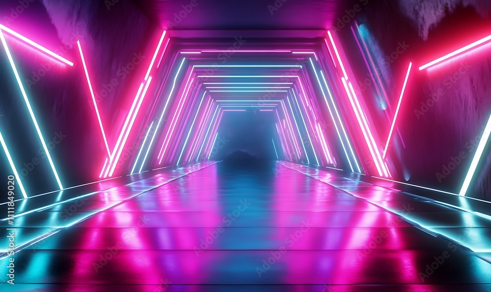 Poster a futuristic neon tunnel with glowing pink and blue lights, creating a vibrant and otherworldly scen