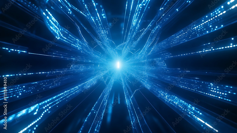 Poster glowing blue lines expanding towards light in abstract digital space background unique visual concep
