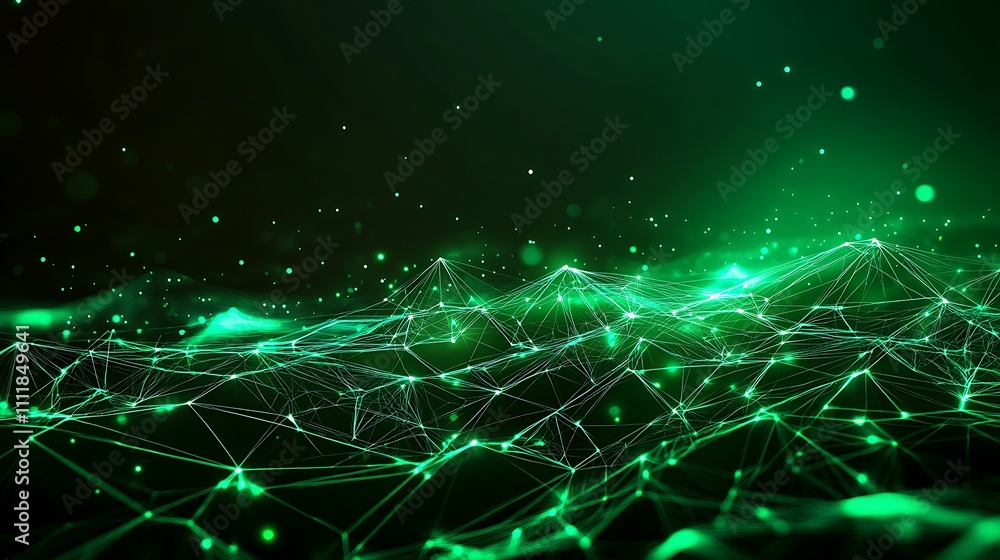 Aufkleber green abstract representation of data waves with digital connections and glowing particles in dark b