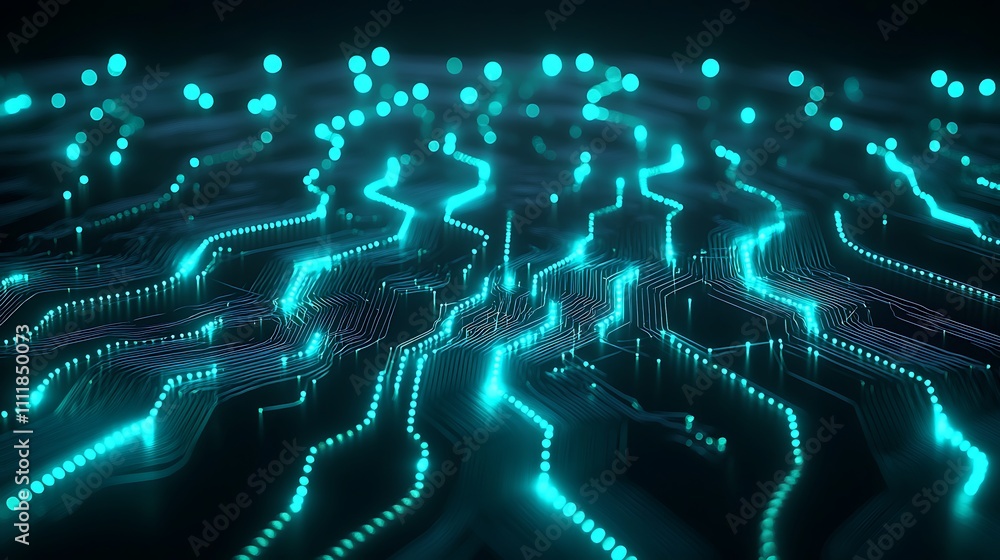 Poster mesmerizing blue circuit board with glowing lines and dots in futuristic abstract technology backgro