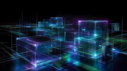 Obraz premium Neon cityscape with glowing cubes and vibrant lines representing futuristic digital technology and connectivity