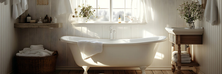 Sunlit Bathroom with Clawfoot Tub and Rustic Charm