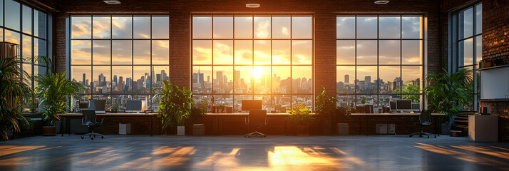 Fototapeta premium Sunset Cityscape View from Modern Office, Spacious Workspace with Panoramic Windows, City Skyline at Golden Hour, Plants Adding to the Warm Ambiance