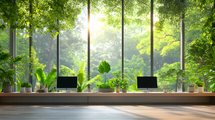 Naklejka premium Serene Workspace, Two Computers on a Shelf, Lush Greenery, and Sunlit Forest View