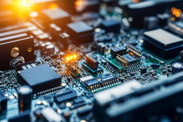 Assembly line with small electronic parts being placed, high detail, hightech look