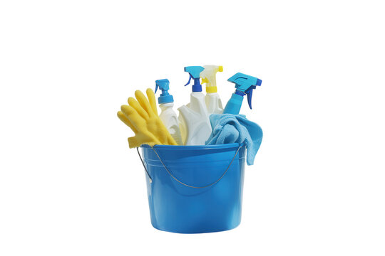 Cleaning supplies in a blue bucket isolated. PNG transparent.