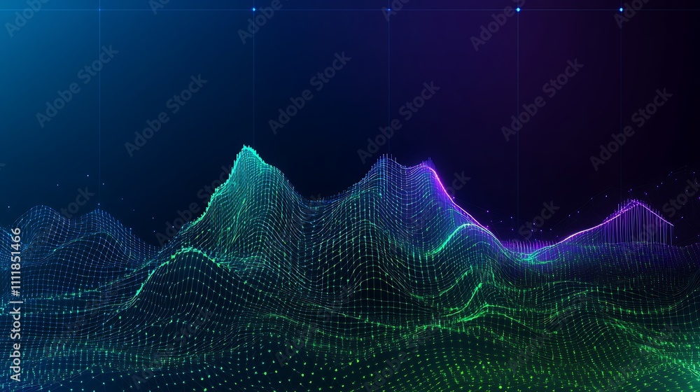 Poster vibrant abstract digital waveform visualization in blue and green tones with flowing lines and dots