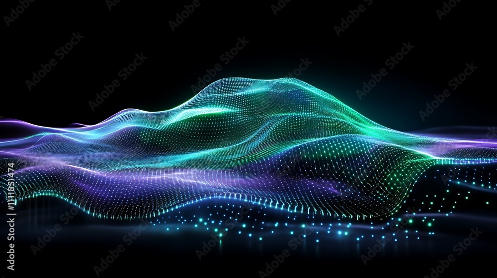 Poster vibrant abstract digital waves in neon colors on a dark background with flowing light patterns