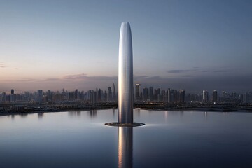 A stunning metallic skyscraper, designed with innovative alloys for durability and aesthetics, bright skyline, sleek design