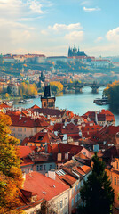 Obraz premium Autumnal Prague, Panoramic View of Red-Roofed Cityscape and Charles Bridge