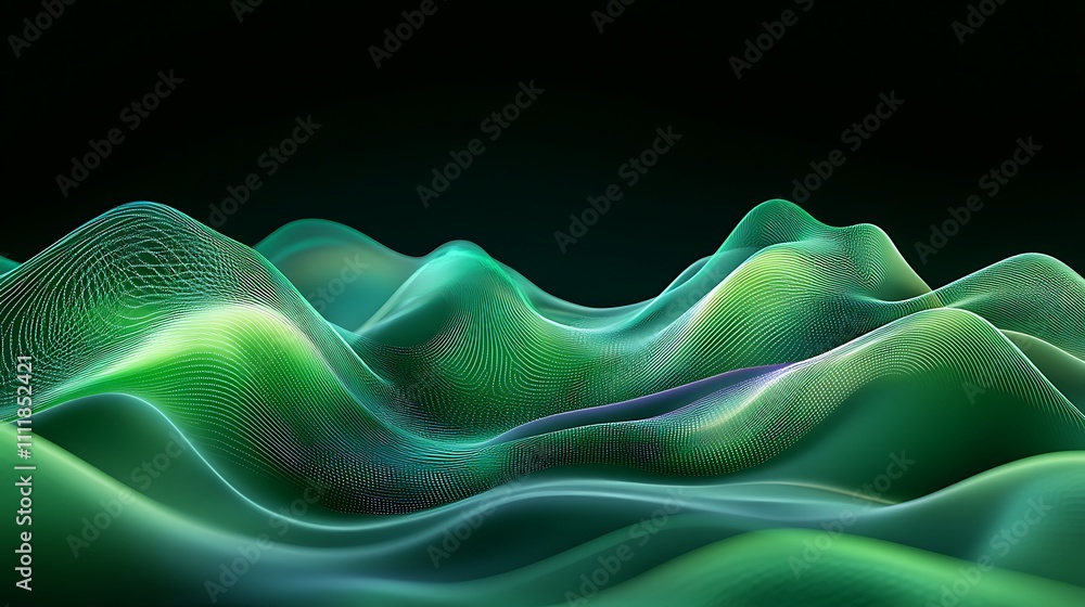 Poster vibrant abstract waves in green tones with smooth curves and flowing lines for digital backgrounds