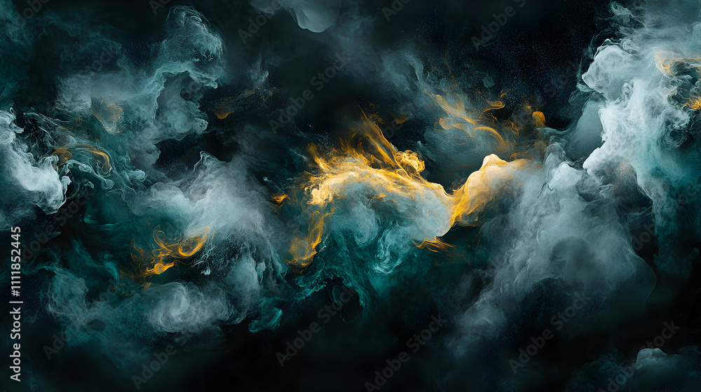Poster abstract teal and gold nebula, cosmic clouds intertwine, creating a mystical and dreamlike swirling 