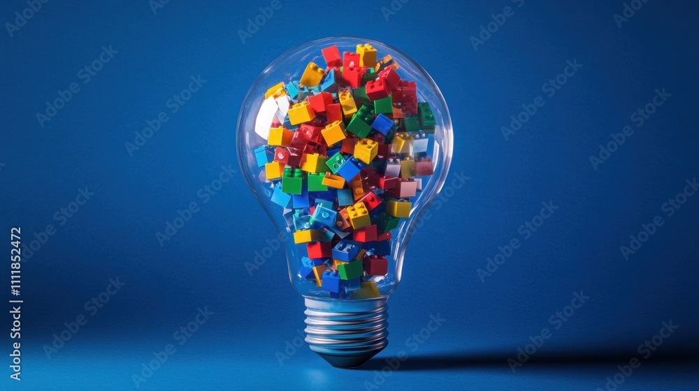 Poster light bulb filled with colorful building blocks