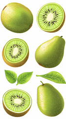 Fototapeta premium Vibrant Kiwi Fruit Illustration, Whole and Sliced Kiwis with Lush Green Leaves, Displaying Freshness and Juiciness.