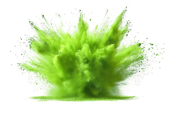 A vibrant green powder explosion on a white background. PNG transparent.