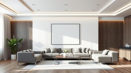 A modern living room interior with a blank wall ready for a custom wall art mockup, showcasing a sleek and minimalist design, decor, template