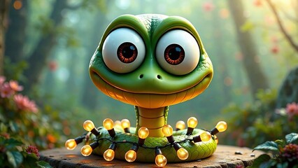 Year of Green Snake. Eastern Happy New Year 2025 greeting card. Snake cartoon character with big eyes wrapped in garland of light bulbs. Poster for December holidays. New Year Eve Promotion banner