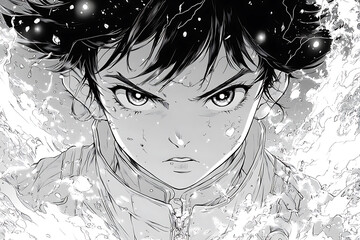 Anime boy coloring page illustration showcasing a shonen-style character with expressive features, spiky hair, and dynamic action-themed details