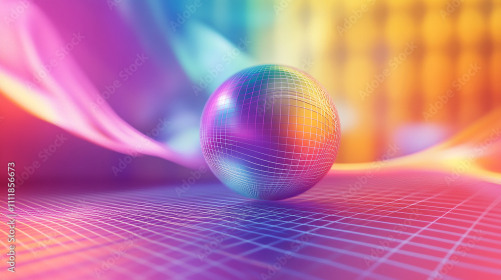 Poster colorful abstract sphere with vibrant light reflections and a grid background