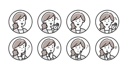 女性会社員の正面と横顔のシンプルな顔アイコンのイラスト素材