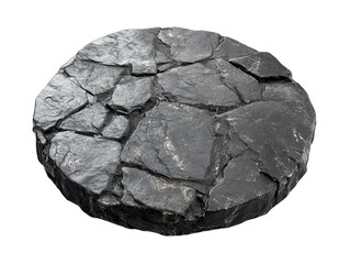 Obraz premium Round black slate plate, isolated on a white background. PNG transparent.